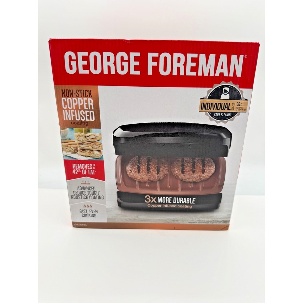 George Foreman 2 Serving Grill Panini Press Copper Infused Nonstick GR320FBC BLK